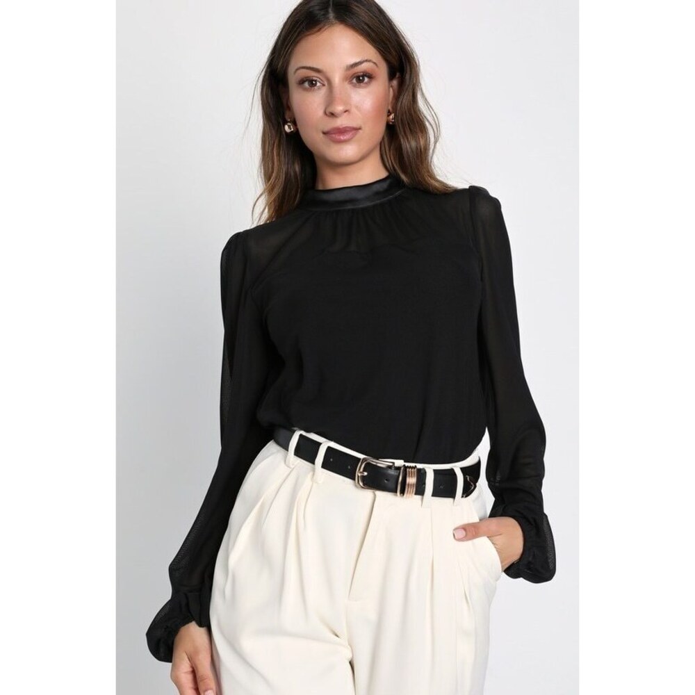 Lulus Chic Image Black Mesh Long Sleeve Bubble Hem Top - Size M